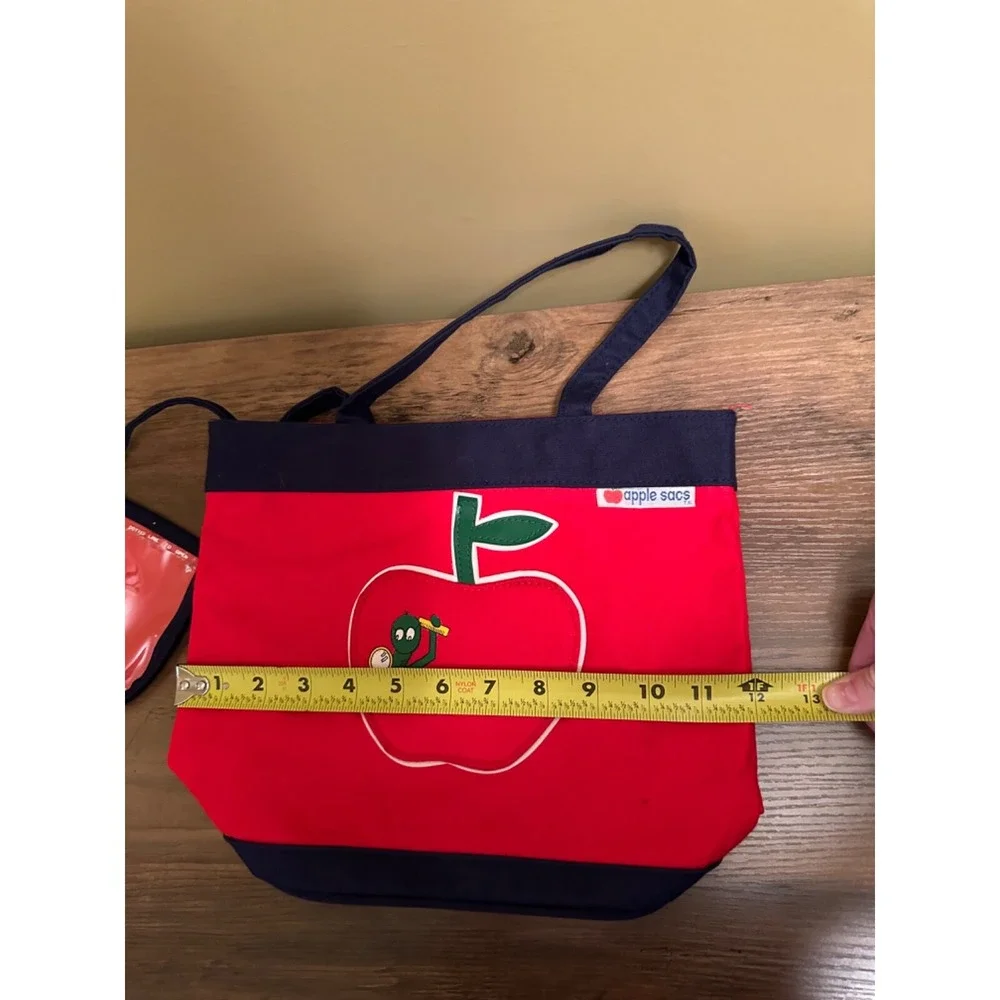 Vintage Apple Sacs‎ Kids Red Canvas Tote Bag Apple Worm Graphic School Book Bag